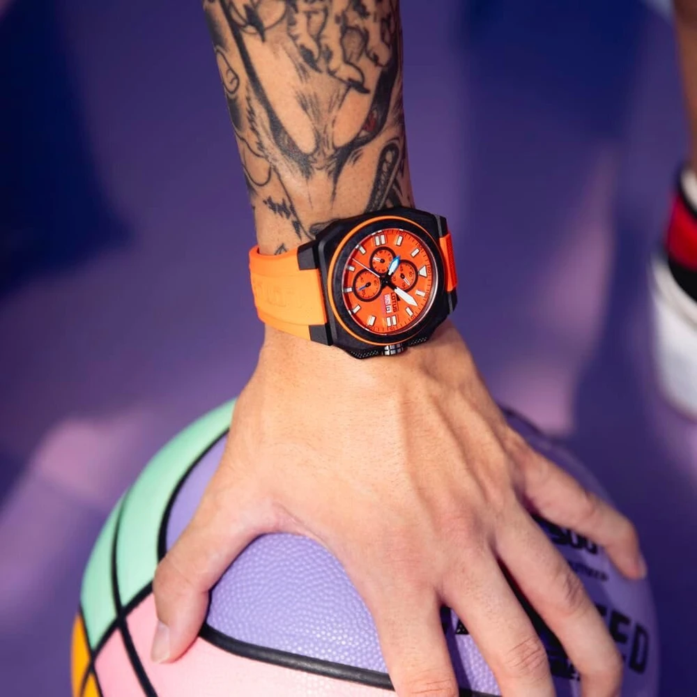 Orange Lotus vyriškas laikrodis 18976/6 Chrono Juodas Carbon Fibre Case Oranžinis Silicone Strap, oranžinis, apyrankė