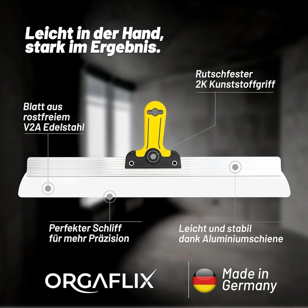 Orgaflix profesionali paviršiaus mentelė 600 mm (60 cm) su užapvalintais kampais gipso kartonui, nerūdijančio plieno ašmenys, 2k minkšta rankena, mentelės įrankis, lengvas aliuminis, plati mentelė, sienų mentelė - pagaminta