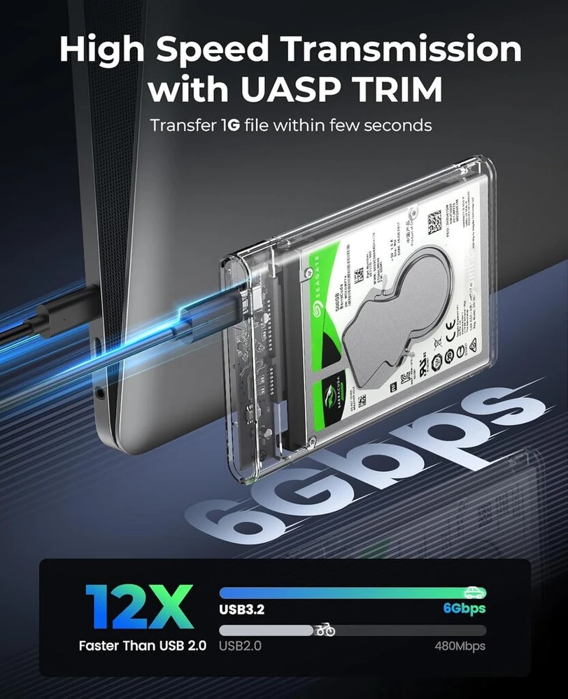 Kietasis diskas Orico 2.5 colio Usb C išorinis standžiojo disko dėklas, Usb 3.1 Gen2 į Sata 3.0 6 Gbp/s, skirtas 7 mm ir 9.5 mm 2.5 colio Sata vidiniams Hdd ir Ssd, surinkimas be įrankių, Uasp pagreitis (2139c3-g2)
