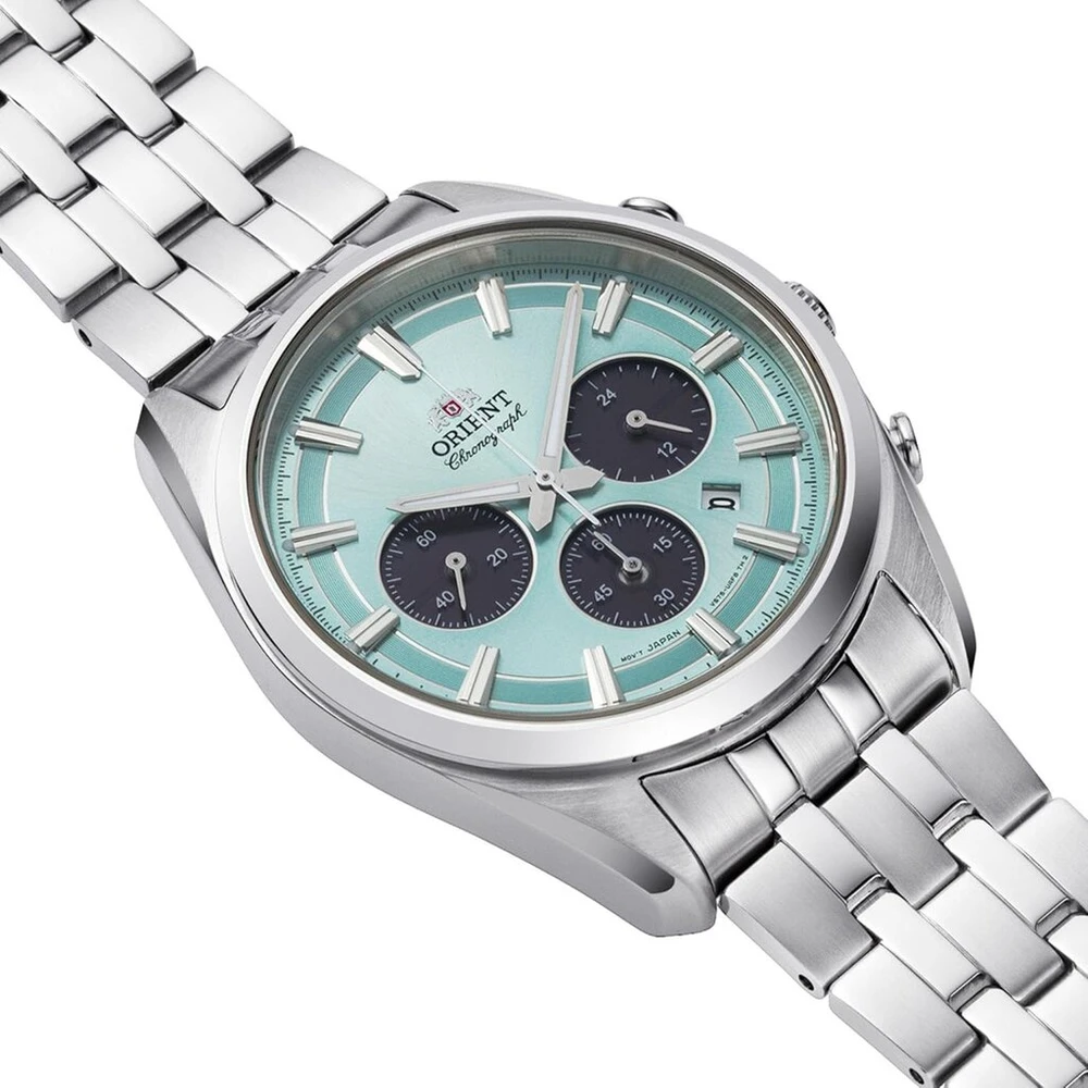 Orient Stretto Solar Chronograph 40mm Sky Mėlyna Dial Steel Band vyriškas laikrodis Ra-tx0304l10b mėlynas, mėlynas, šiuolaikiškas