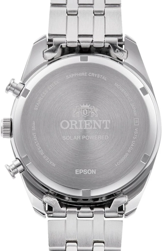 Orient Stretto Solar Chronograph 43mm laikrodis su baltu ciferblatu ir plieniniu dirželiu, skirtas vyrams Ra-tx0305s10b. Turėtų būti parašyta - Orient Stretto Solar Chronograph 40mm laikrodis su baltu ciferblatu ir plieniniu dirželiu, skirtas vyrams, balt