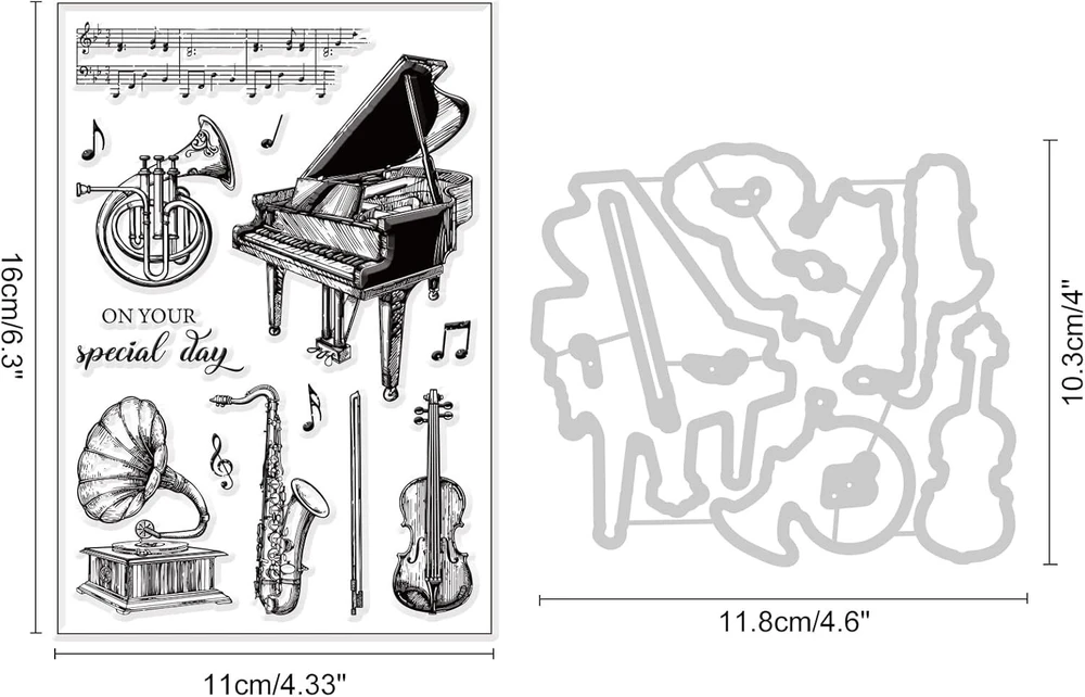 Origach muzikos instrumentų skaidrus antspaudas ir štampai kortelių gamybai, muzikos partitūrų matricos ir antspaudų rinkinys "pasidaryk pats" albumų iškarpoms