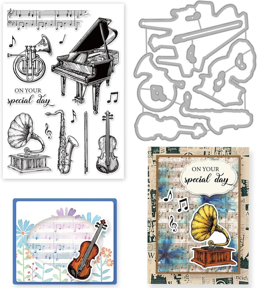 Origach muzikos instrumentų skaidrus antspaudas ir štampai kortelių gamybai, muzikos partitūrų matricos ir antspaudų rinkinys "pasidaryk pats" albumų iškarpoms