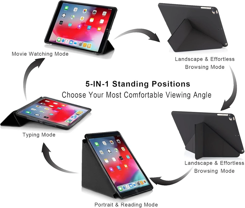 Origami dėklas, skirtas Ipad 9.7 colių 6-os kartos 2018 ir 5-os kartos 2017, taip pat skirtas Ipad 9.7 colių Air 1-os kartos 2013 ir Air 2-os kartos 2014, 5-in-1 įvairūs žiūrėjimo kampai, švelnus silikoninis dėklas, minkštas tpu galinis dangtelis - juodas