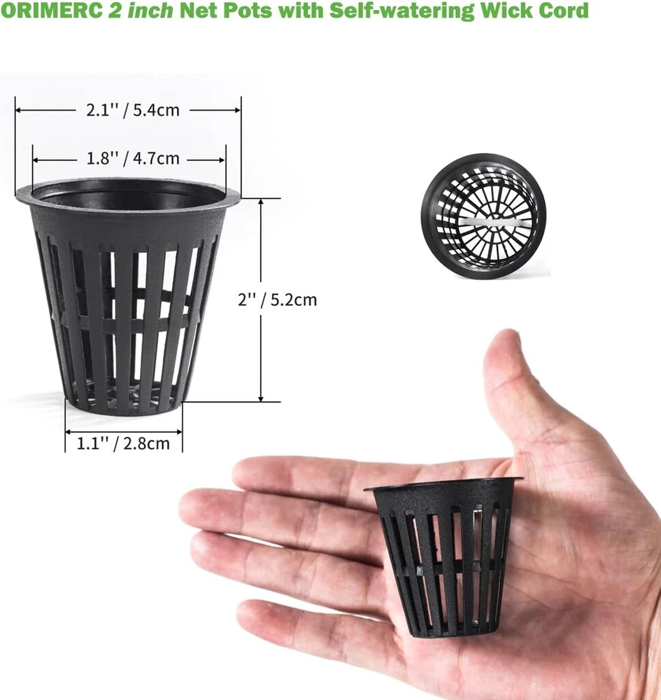 Orimerc 50 vnt. 2 colių (5 cm) tinklinių vazonėlių rinkinys, hidroponinis tinklinis vazonėlis su 15 m savaiminio laistymo dagčiu ir 50 augalų etikečių, hidroponinis puodelis, tinklinis puodelis vazonas, daržovėms, orchidėjoms, akvaponikai, kratky hidropon