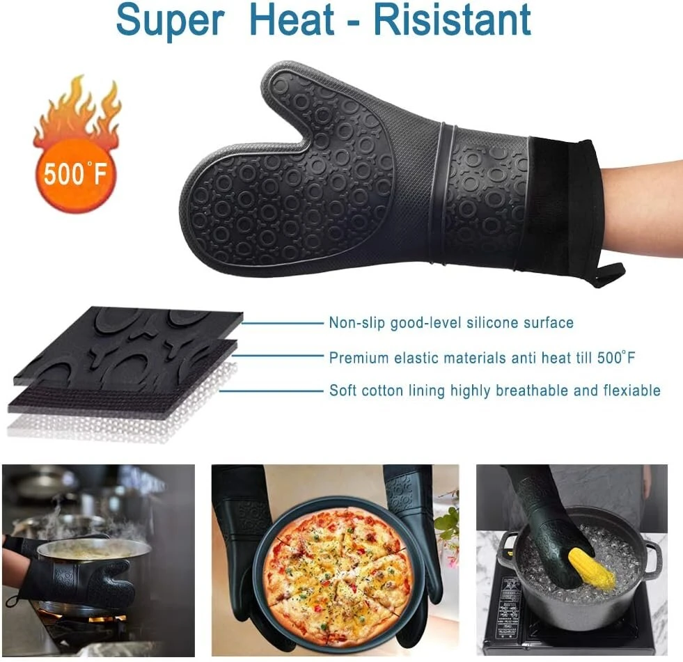 Orkaitės pirštinės, atsparios karščiui silikoninės (1 pora) iki 260 °c, ypač ilgos orkaitės pirštinės picai ir maisto gaminimui (juodos)