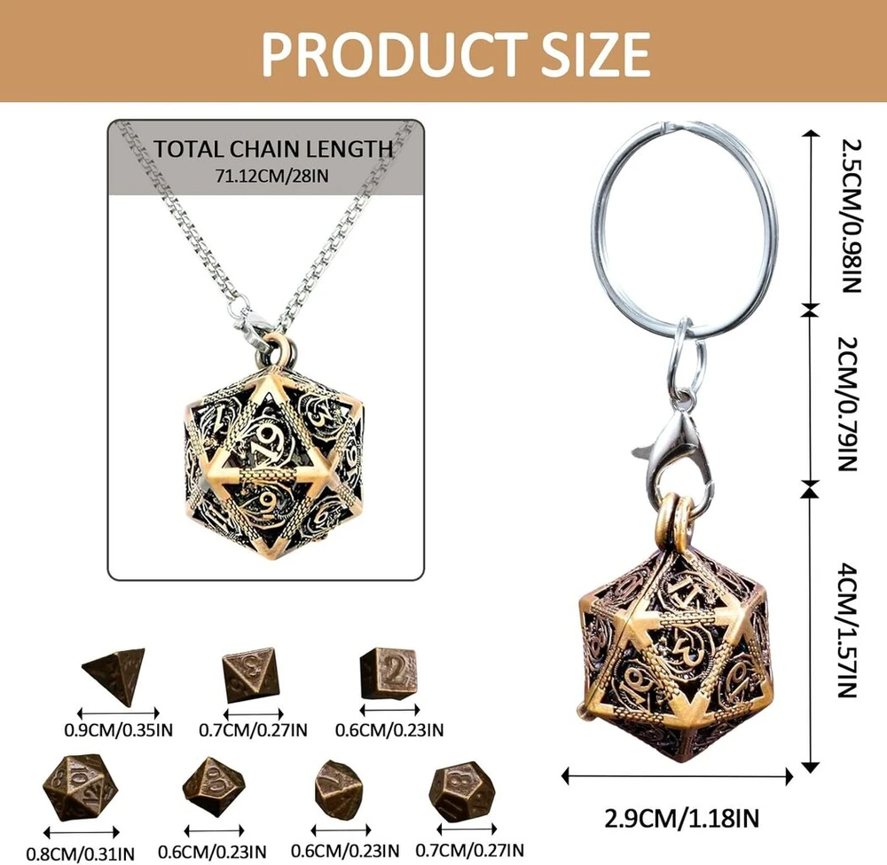 Oruza 7 dalių mini metalinis Dnd kauliukų rinkinys, daugiabriaunių kauliukų rinkinys su variniu tuščiaviduriu karolių kubo dėklu, nešiojamas D&d raktų pakabuko kauliukas, skirtas Dungeon and Dragons Mtg Rpg stalo žaidimų kauliukams