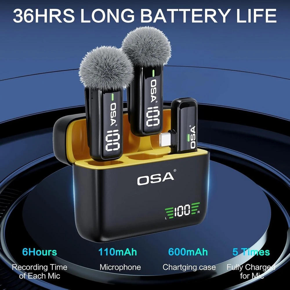 Osa atvartinis mikrofonas telefonui su įkrovimo dėklu ir siųstuvu, skaitmeninis ekranas, 2 vnt. rinkinys, skirtas Usb C telefonui, įrašymui, profesionaliam vaizdo įrašymui, atlapinis mikrofonas
