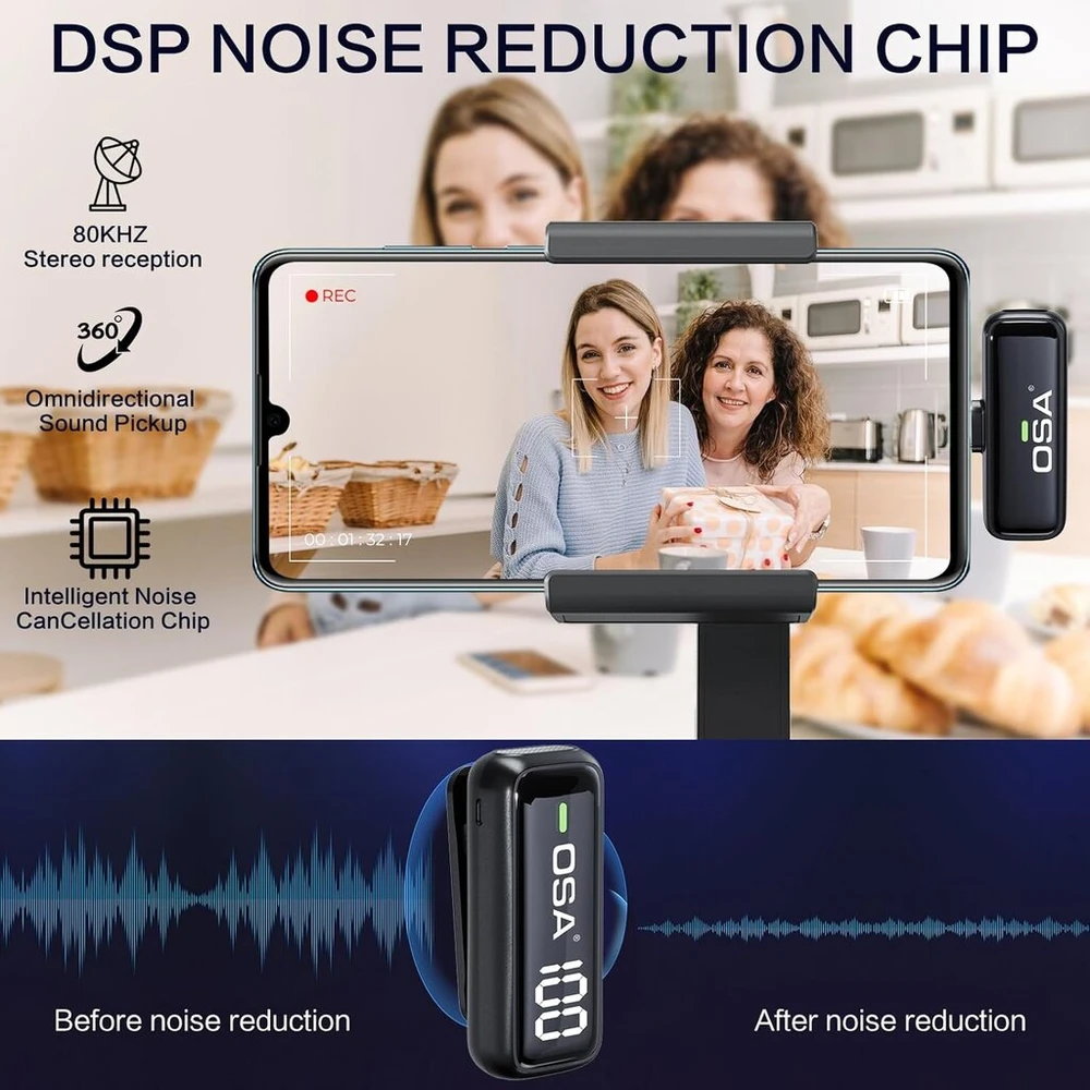 Osa atvartinis mikrofonas telefonui su įkrovimo dėklu ir siųstuvu, skaitmeninis ekranas, 2 vnt. rinkinys, skirtas Usb C telefonui, įrašymui, profesionaliam vaizdo įrašymui, atlapinis mikrofonas