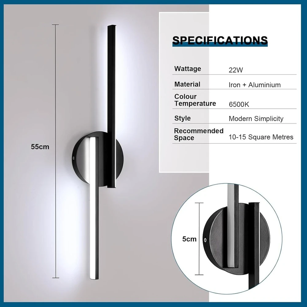 Osairous sieninis šviestuvas led modernus 55 cm, 22 w 2475 lm led sieninis šviestuvas juodas, sieninis apšvietimas prieškambariui 6500 k šaltai balta miegamojo koridoriaus svetainės laiptams