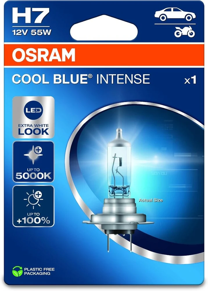 Osram Cool Mėlyna® Intense H7, +100% daugiau ryškumo, iki 5000 K, halogeninė priekinė lemputė, led išvaizda, vienkartinė pakuotė (1 lemputė)