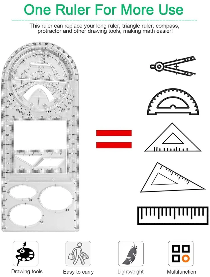 Ottymo geometrijos rinkinys su skriestuvu, plastikine liniuote, apskritimo trafaretas, daugiafunkcinis kvadratinis apskritas geometrinis liniuotės skriestuvo rinkinys, skaidrus liniuočių rinkinys studentams