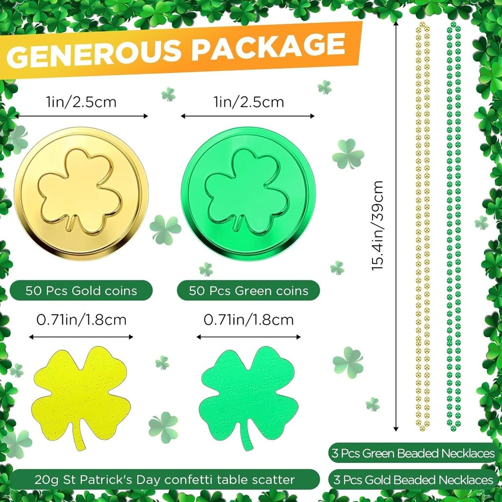 Otuuz St. Patrick's dienos stalo dekoracijos, 100 vienetų plastikinių dobilų, sėkmės monetos, 20g dobilų konfeti, konfeti dekoracija, 6 vienetai auksinių žalių perlų karolių, sėkmės monetos airiškiems vakarėlių maišeliams