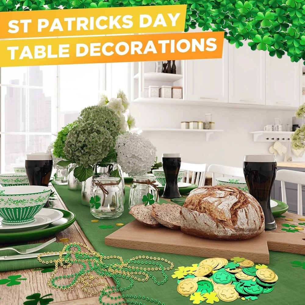 Otuuz St. Patrick's dienos stalo dekoracijos, 100 vienetų plastikinių dobilų, sėkmės monetos, 20g dobilų konfeti, konfeti dekoracija, 6 vienetai auksinių žalių perlų karolių, sėkmės monetos airiškiems vakarėlių maišeliams