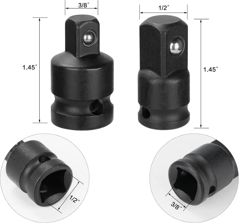 Oumuik Socket adapteris, įskaitant 3/8 į 1/2, 1/4 į 3/8, 3/8 į 1/4, 1/2 į 3/8 colio smūginio veržliarakčio adapterį, kampinį adapterio lizdo veržliarakčio adapterį