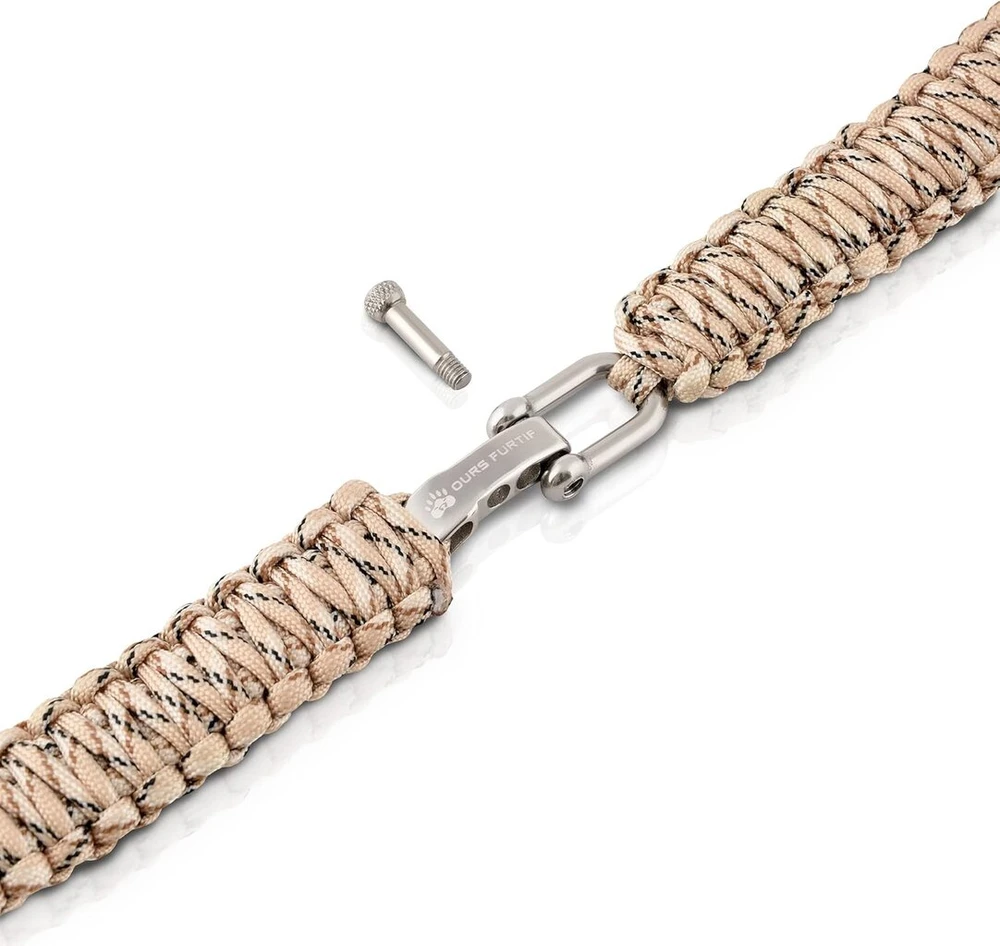 Ours Furtif King Cobra Paracord išgyvenimo apyrankė - smėlio kamufliažas - reguliuojama išgyvenimo apyrankė - pasiruošėliams - išgyvenimui, stovyklavimui, žygiams, ekstremalioms situacijoms, bushcraft įrangai, išgyvenimo įrangai