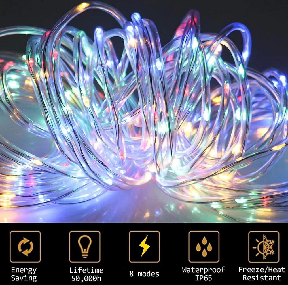 Ovker saulės virvės girlianda, 100 Led saulės kalėdinės lemputės, lauko sodo žarnos girlianda, 8 režimai, atspari vandeniui, kalėdinė dekoracija sodui, vidui, laukui, vestuvėms (įvairiaspalvė)