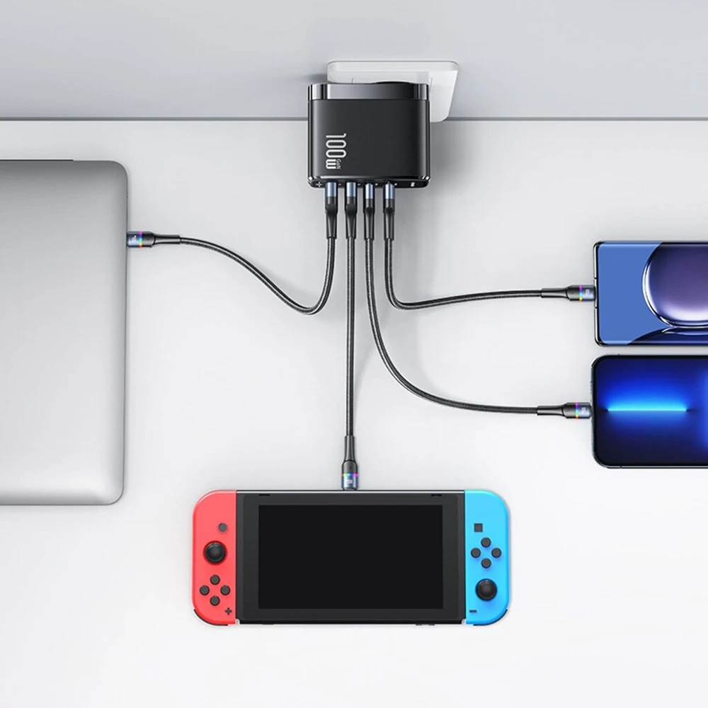 P4y kompaktiškas įkroviklis su 4 Usb prievadais (eu) 2x Usb-c+2x Usb Us-cc145 T44 greitas įkrovimas 100w Pd3.0 + Qc3.0 Afc, Fcp, Scp Gan lusto medžiaga: Abs juodas