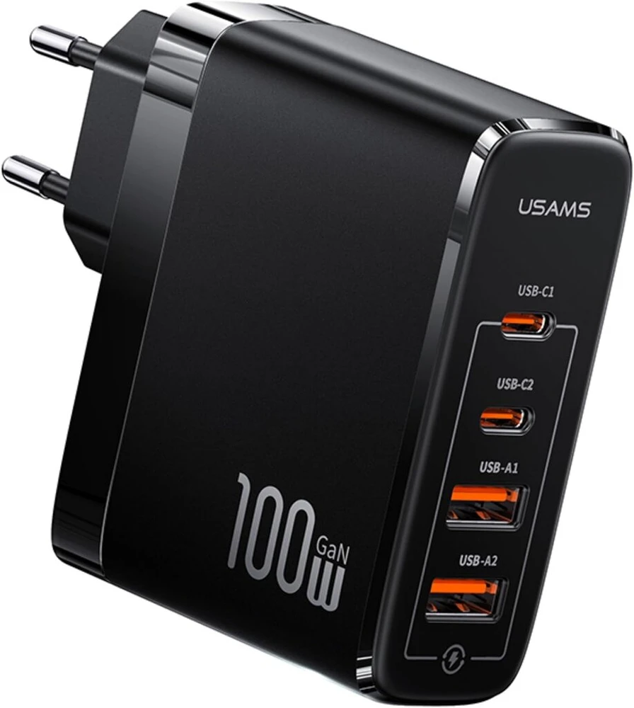 P4y kompaktiškas įkroviklis su 4 Usb prievadais (eu) 2x Usb-c+2x Usb Us-cc145 T44 greitas įkrovimas 100w Pd3.0 + Qc3.0 Afc, Fcp, Scp Gan lusto medžiaga: Abs juodas