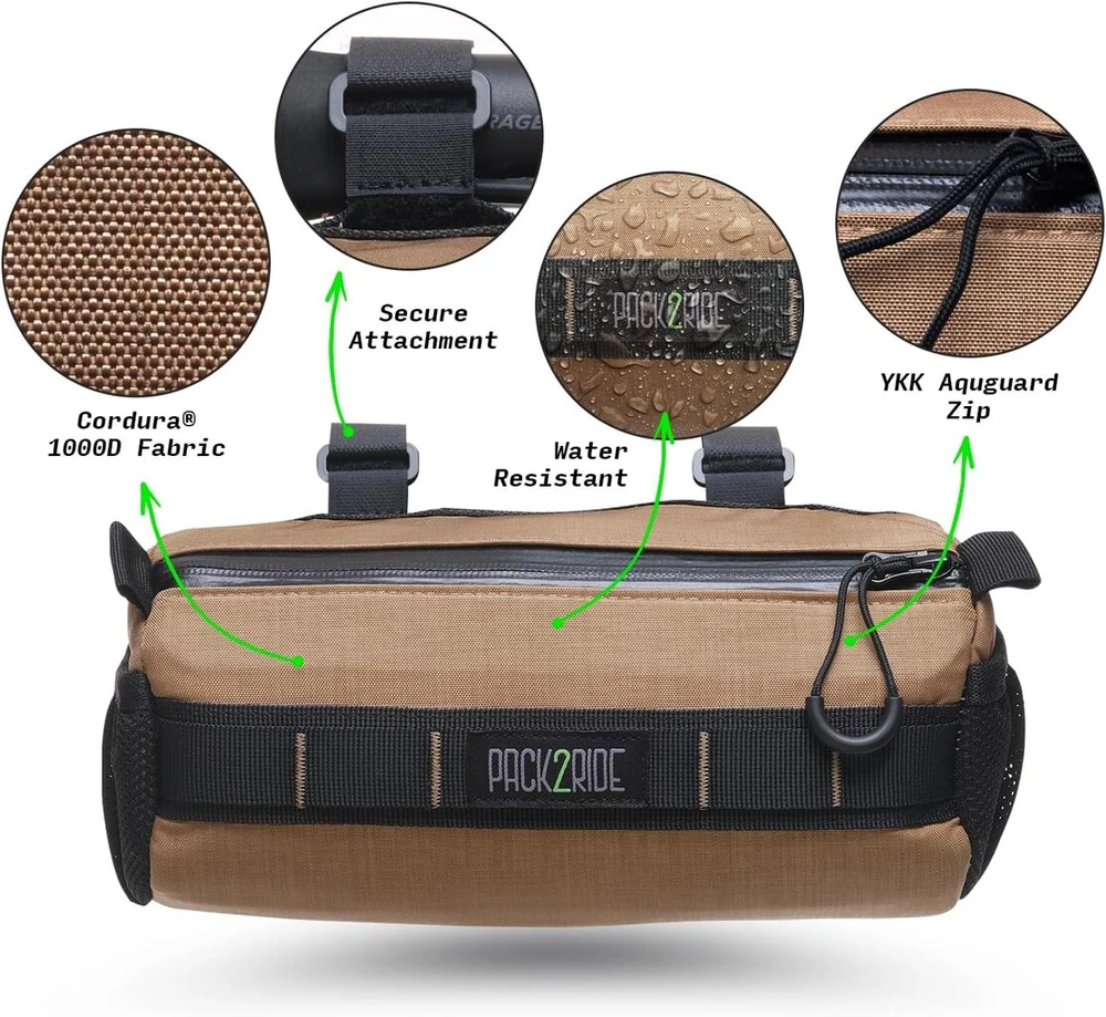 Pack2ride Askme dviračio krepšys ant vairo - atsparus vandeniui, patvarus Cordura audinys ir kasdienių reikmenų laikiklis - priekinė dviračio laikymo vieta, krepšys dviračių kelionėms (ruda)