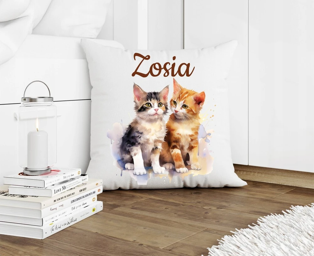 Pagalvėlė + puodelis su katėmis, kačių grafika + bet koks vardas