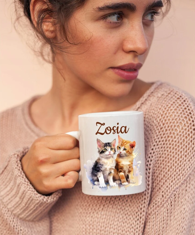 Pagalvėlė + puodelis su katėmis, kačių grafika + bet koks vardas