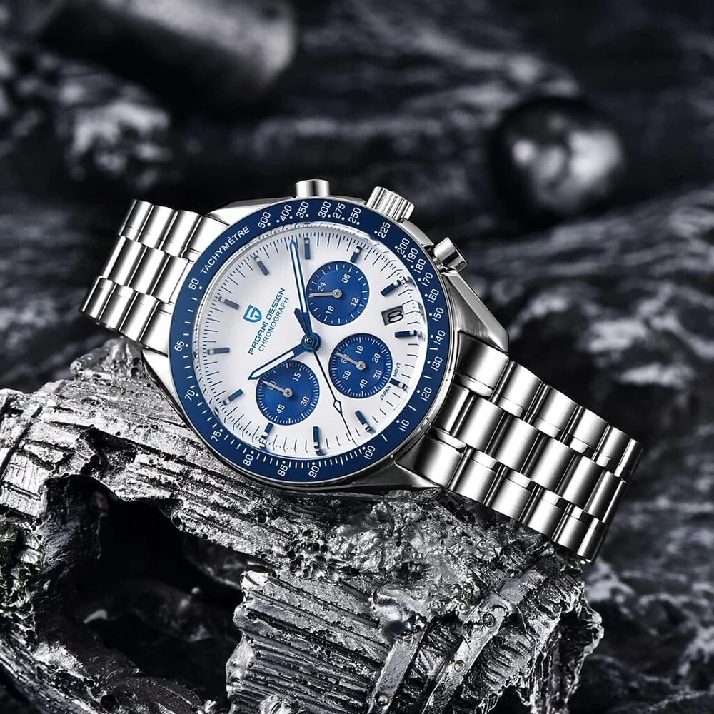 Pagani Design 1701 V3 vyriškas chronografas kvarcinis laikrodis 40 mm Vk63 kalibras nerūdijančio plieno veidrodinis safyrinis laikrodis 100 m atsparus vandeniui sportinis laikrodis, mėlynas, apyrankė