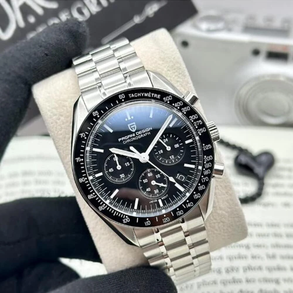 Pagani Design 1701 V3 vyriškas chronografas kvarcinis laikrodis 40 mm Vk63 kalibras nerūdijančio plieno veidrodinis safyro stiklo laikrodis 100 m atsparus vandeniui sportinis laikrodis, juodas