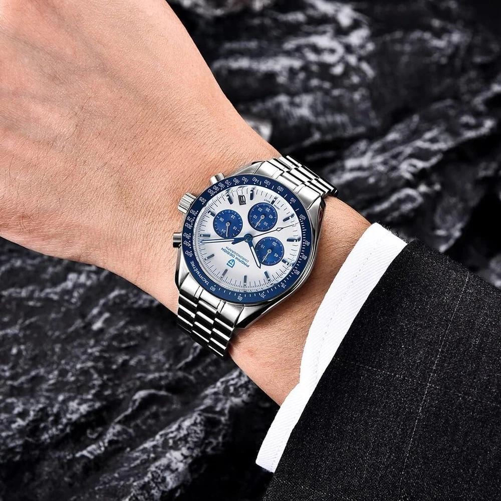 Pagani Design 1701 V3 vyriškas chronografas kvarcinis laikrodis 40 mm Vk63 kalibras nerūdijančio plieno veidrodinis safyrinis laikrodis 100 m atsparus vandeniui sportinis laikrodis, mėlynas, apyrankė