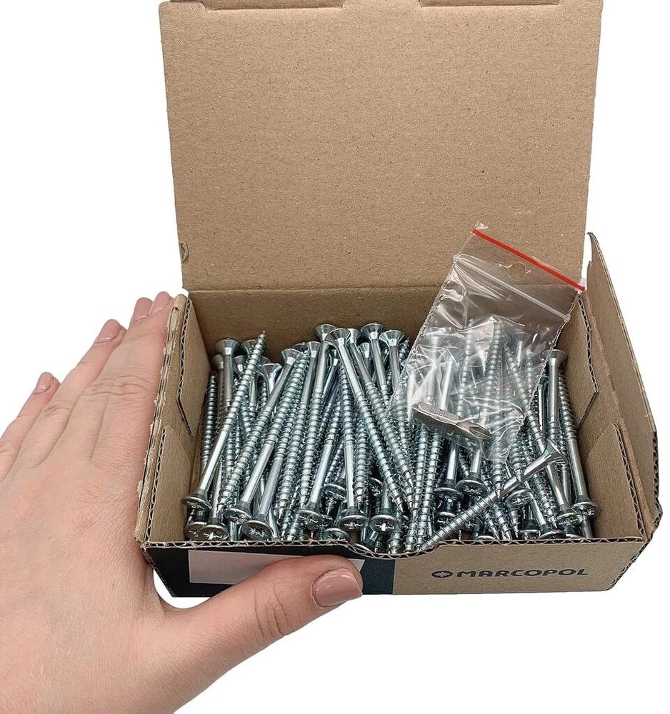 Pakuotė 100 vnt. galvanizuoto plieno 5.0 x 70 mm medvaržčių su daliniu sriegiu, pozi galvute, įleidžiami medienos drožlių plokštės varžtai (100, 5.0 x 70 mm)