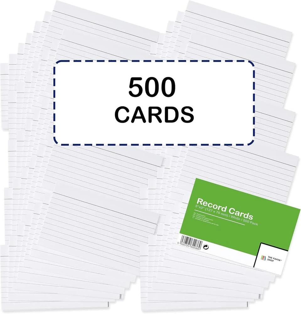 [pakuotė 500 vnt.] A7 formato indeksinės kortelės su linijomis, baltos | A7 formato atmintinės kortelės su linijomis, baltos | Didelės indeksinės kortelės (5 x 3) 127 mm x 76 mm