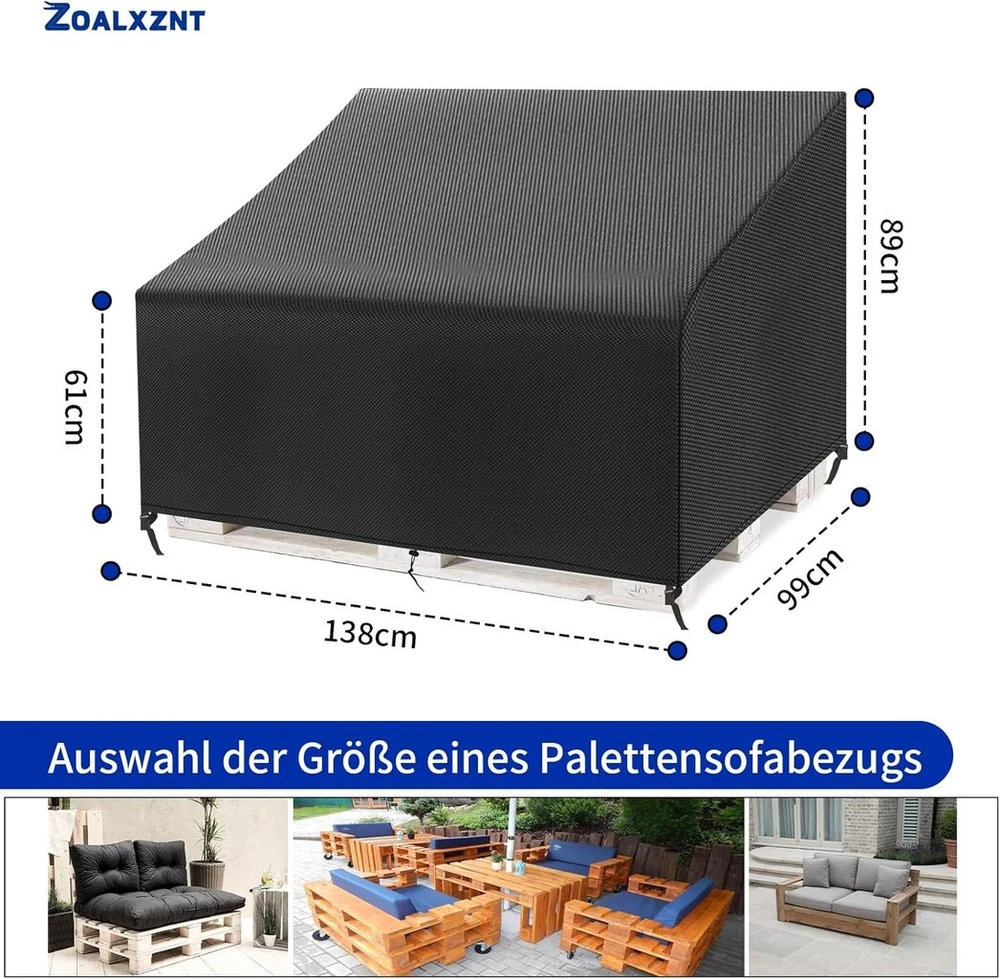 Paletės sofos uždangalas, neperšlampamas, apsauginis uždangalas paletės suolui su raišteliu ir reguliuojamomis sagtimis, uždangalas paletės sofai, 420d Oxford audinys (138 x 99 x 61/89 cm, juodas)