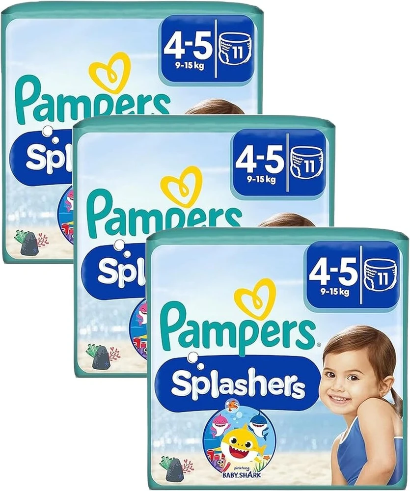 Pampers Size 4-5 sauskelnės, Splashers Baby Shark Limited Edition, 11 vnt. pakuotė, vienkartinės maudymosi sauskelnės saugiai apsaugai vandenyje (3 vnt. pakuotė)