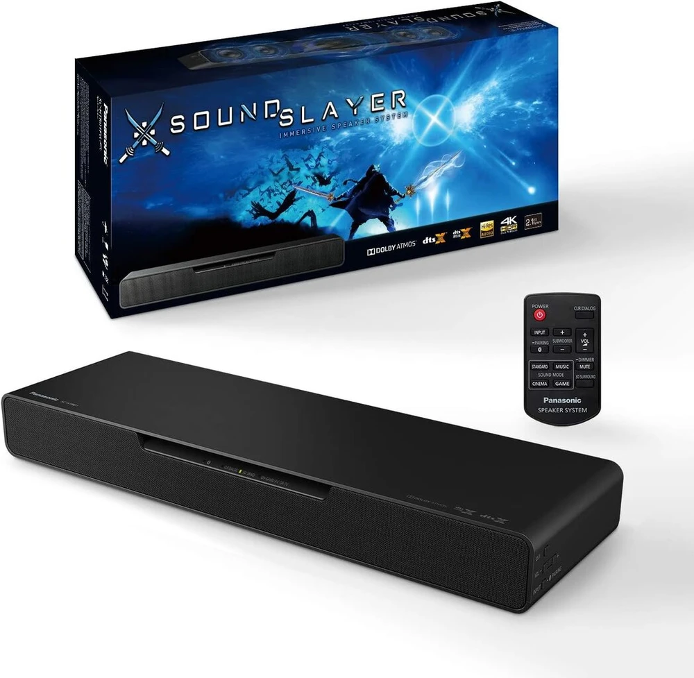 Kompiuterio kolonėlės Panasonic Sc-htb01 kompiuteriniai žaidimų garsiakalbiai su integruotu žemų dažnių garsiakalbiu (dolby Atmos ir Dts:x, Bluetooth, didelės raiškos garsas, Hdmi) juodi