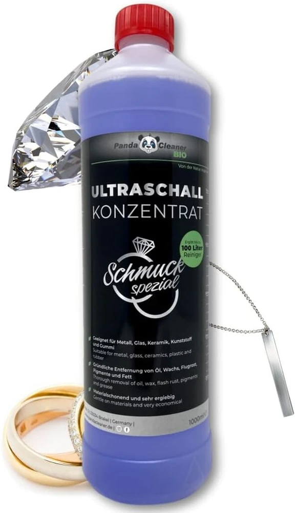 Pandacleaner® ultragarsinis valymo skystis ultragarsinėms vonelėms - koncentratas akiniams, papuošalams, dantų produktams, auksui, monetoms, stiklui, laikrodžiams (atspariems vandeniui) ir kt. | 1l / 2l / 3l