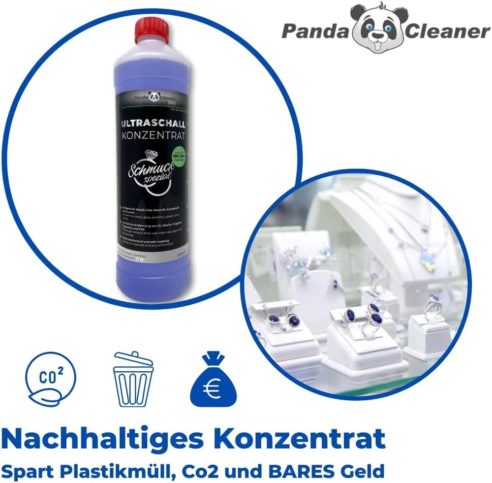 Pandacleaner® ultragarsinis valymo skystis ultragarsinėms vonelėms - koncentratas akiniams, papuošalams, dantų produktams, auksui, monetoms, stiklui, laikrodžiams (atspariems vandeniui) ir kt. | 1l / 2l / 3l