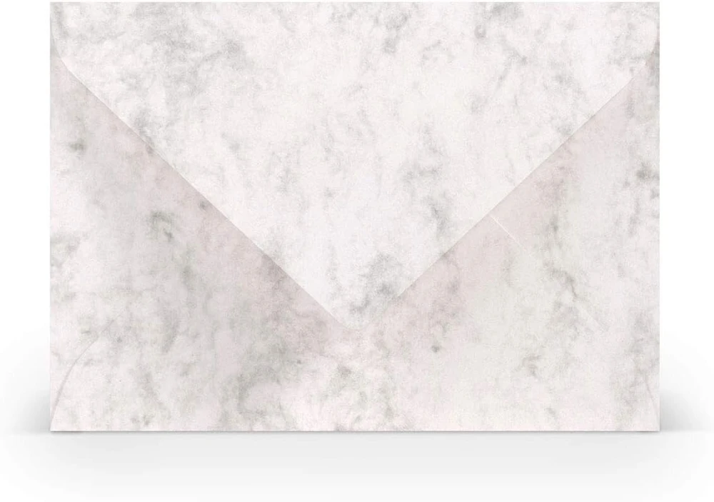 Paperado 25 vokai Din B6 pilka mamora marmuro balta spalva - 100 g/m² vokas be langelio 17,8 x 12,5 cm - vokai su drėgnu lipniu smailiu atvartu