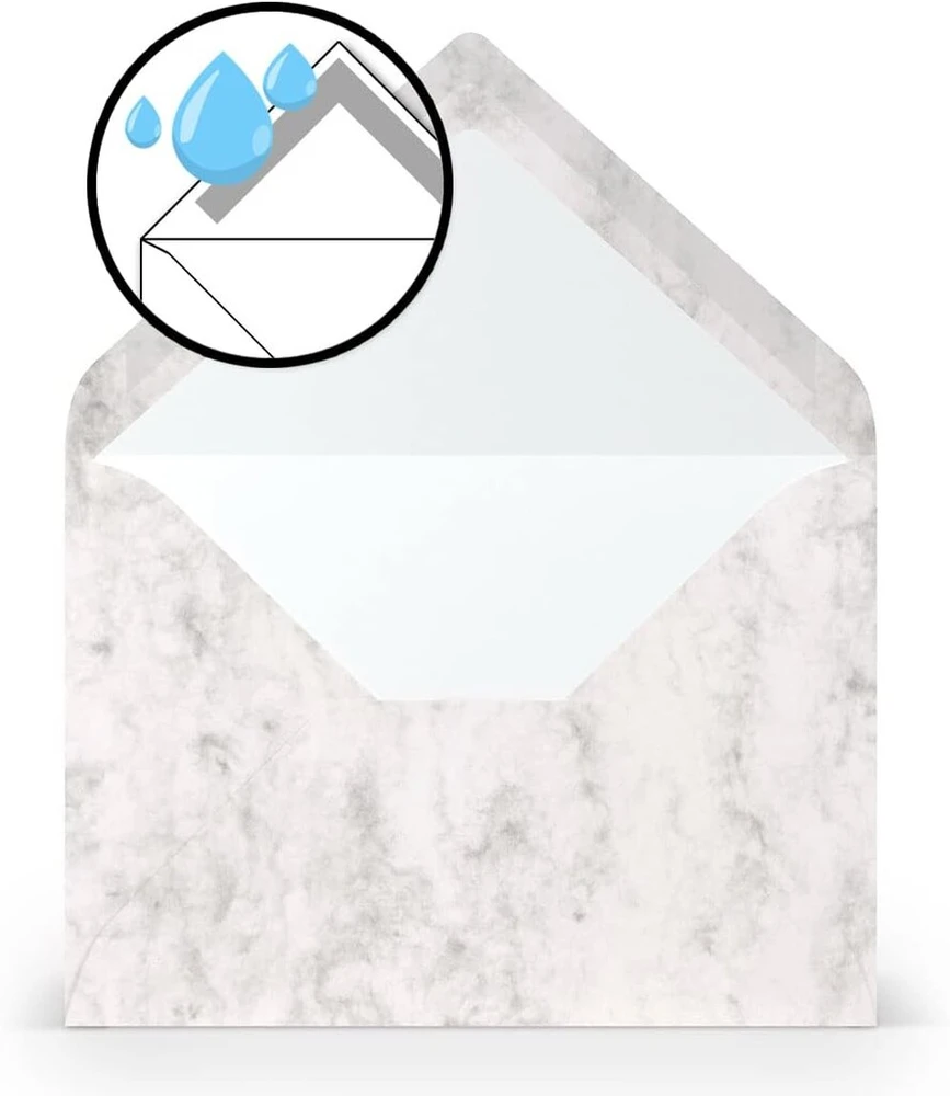 Paperado 25 vokai Din B6 pilka mamora marmuro balta spalva - 100 g/m² vokas be langelio 17,8 x 12,5 cm - vokai su drėgnu lipniu smailiu atvartu