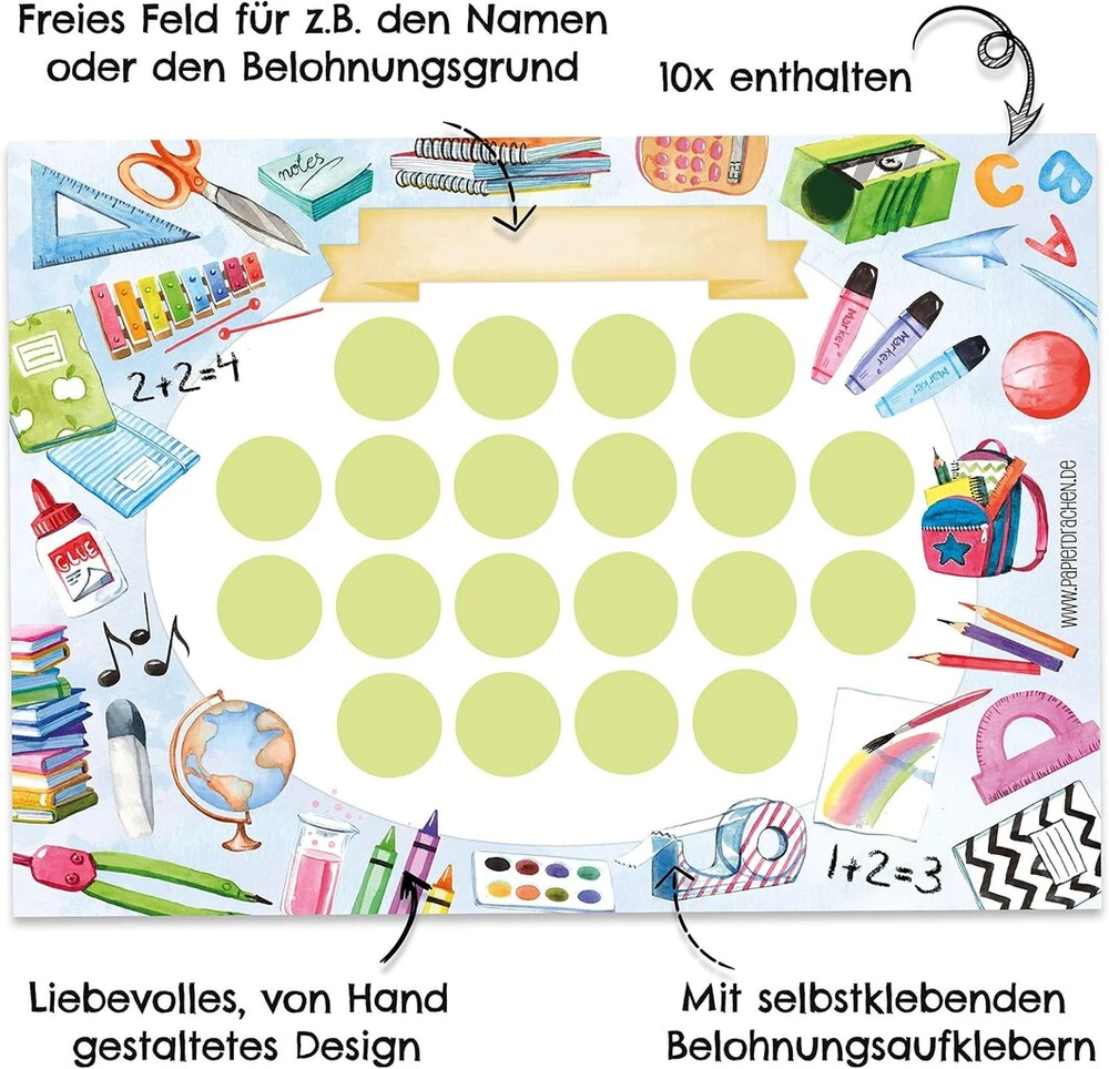 Papierdrachen atlygio lenta vaikams, nuplėšiamas bloknotas, 10 lapų, motyvacinė koncepcija kaip mokymo priemonė, su puikiais lipdukais berniukams ir mergaitėms, mokyklinis motyvas, rinkinys 20