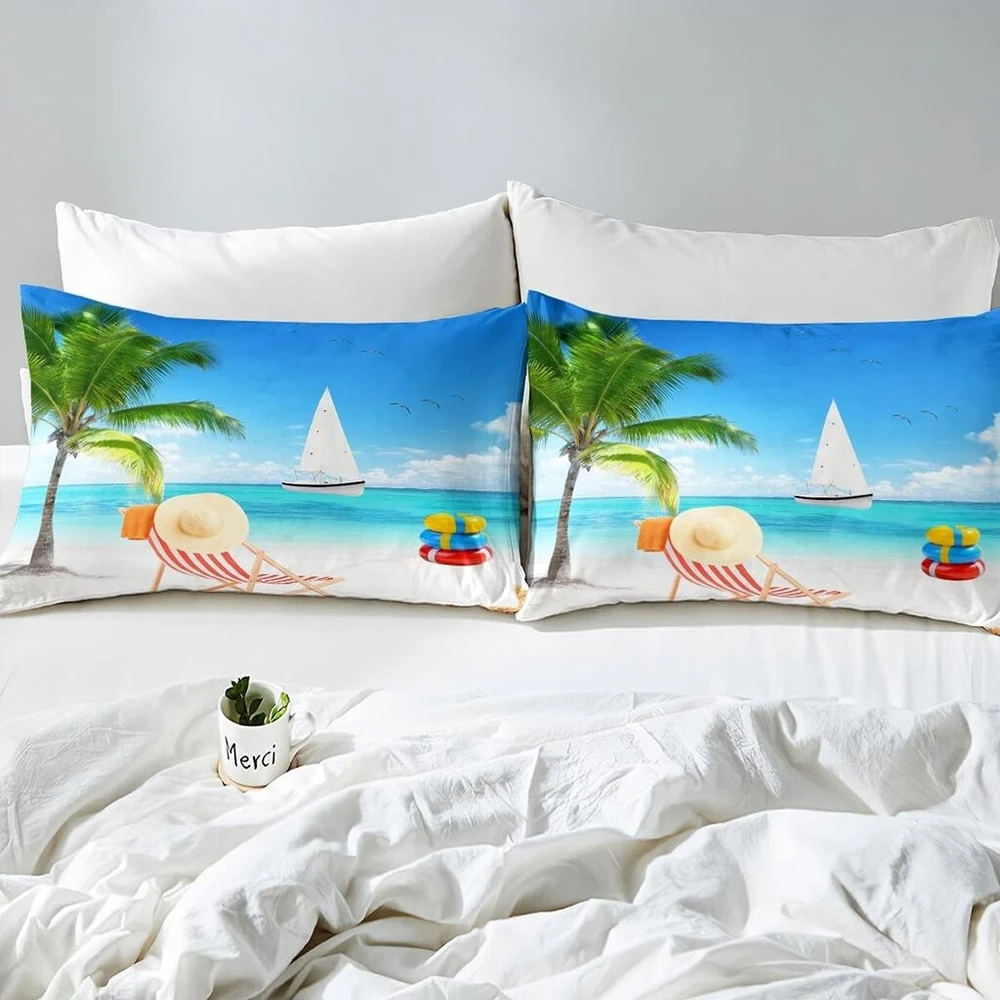Paplūdimio antklodės užvalkalų komplektas, palmių medžių patalynės komplektas, 135 x 200 cm, tropinio paplūdimio jūros žvaigždžių lovos komplektas, mergaitėms, vaikams, jūrinė kambario dekoracija, Havajų vasaros atostogos, atostogos su 1 pagalvės užvalkal