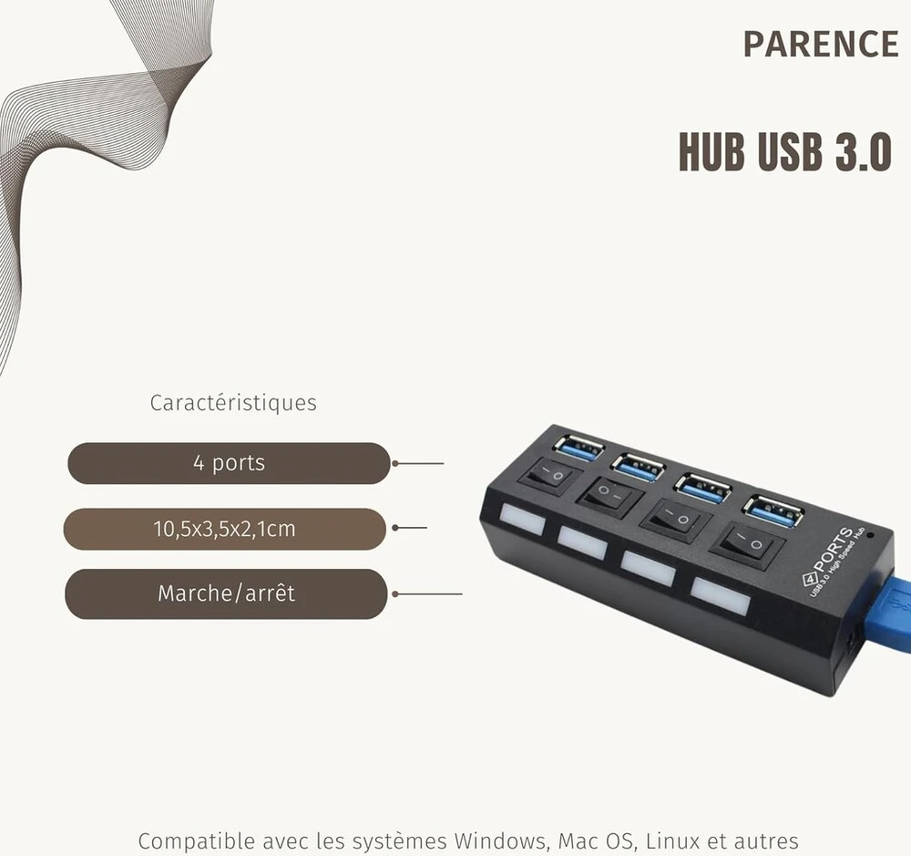 Parence Usb 4 prievadų centras - Superspeed Usb 3.0, Led indikatorius