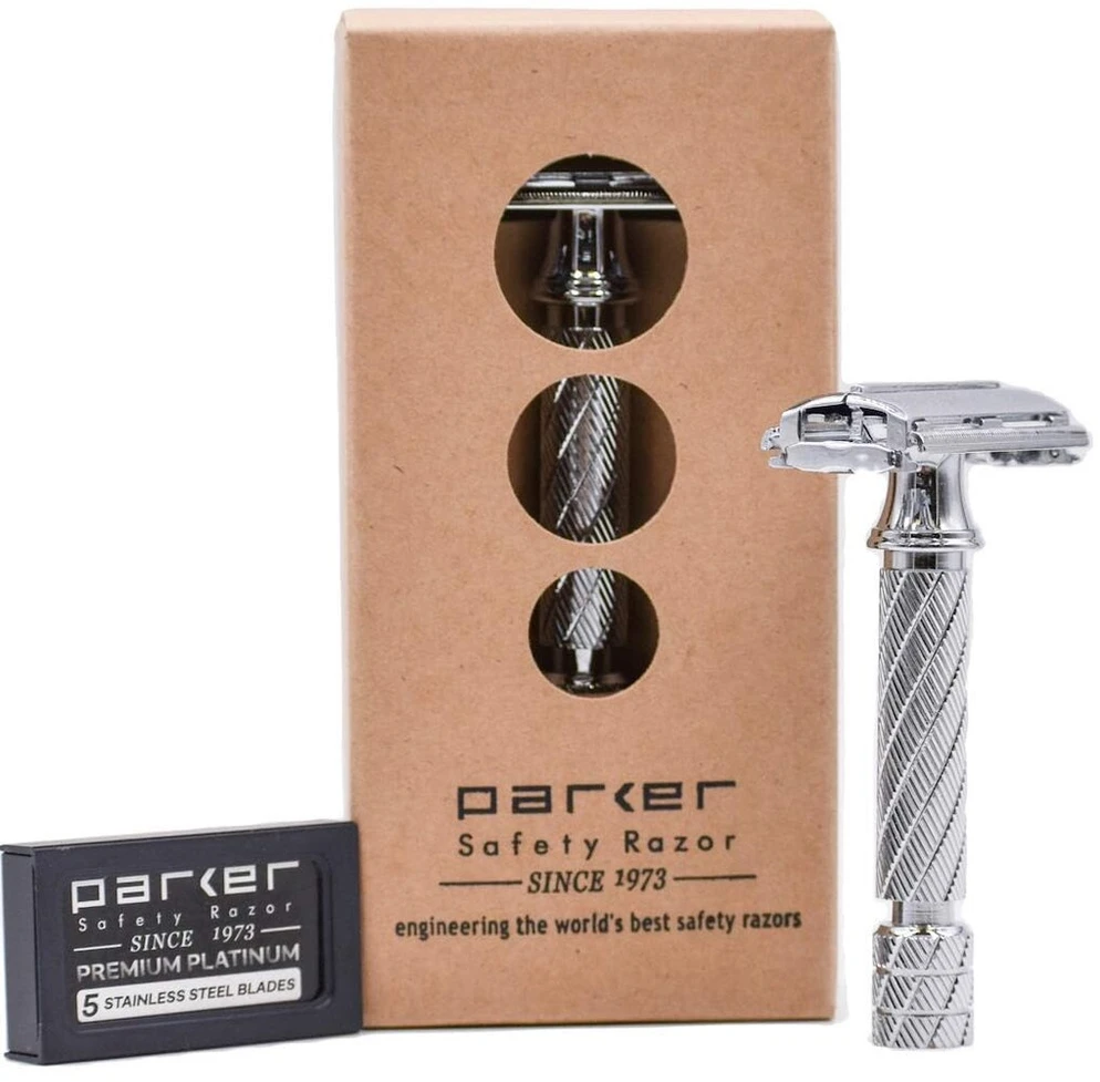 Parker Safety Razor 87r Butterfly Open Double Edge skustuvas - Traditional Short Handle - su 5 aukštos kokybės ašmenimis, chromuotas