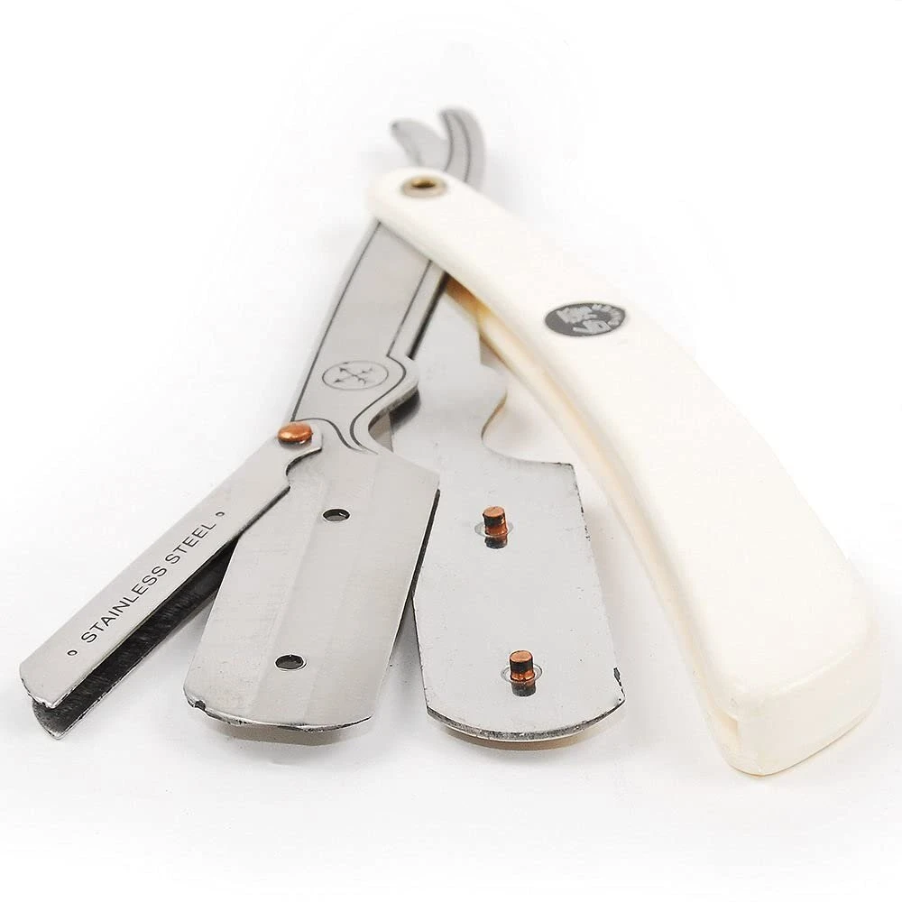 Parker Safety Razor Srw nerūdijančio plieno tiesaus krašto barzdaskutė ir 100 Shark Super Stainless peiliukų, balta
