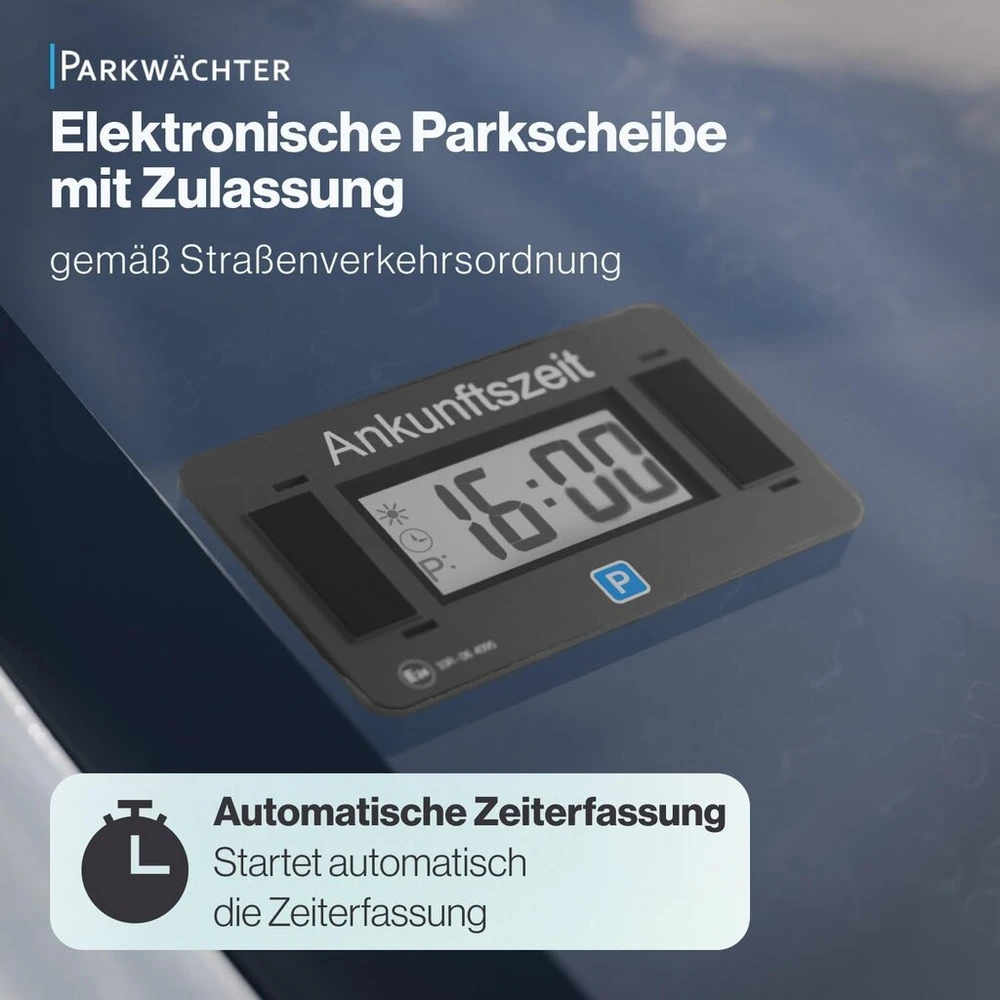Parkwächter elektroninis parkavimo diskas su patvirtinimu automobiliui - automatinis skaitmeninis parkavimo diskas - elektrinis su patvirtinimu pagal Vokietijos kelių eismo taisykles - elektrinis parkavimo matuoklis automobiliui - juodas