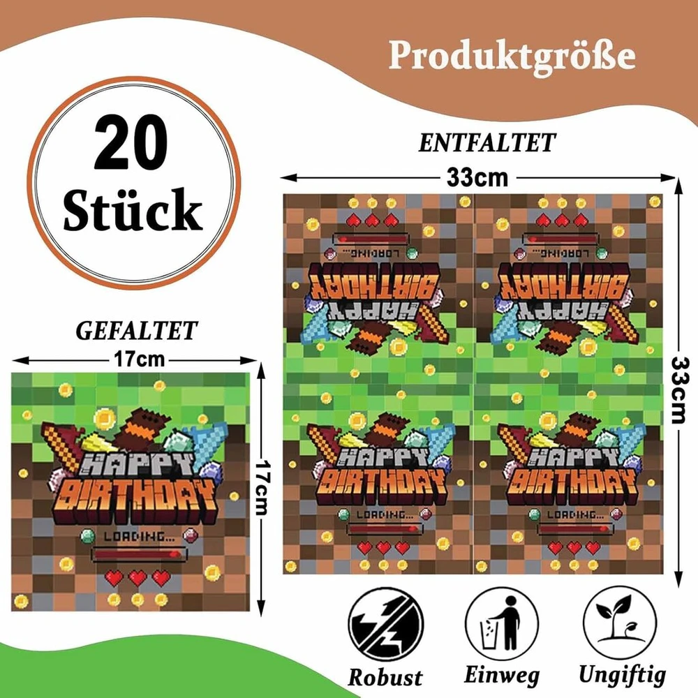 Parpix 20 vienetų pakuotė Pixel Motif Servetėlės „su gimtadieniu“, Pixel servetėlės vaikų gimtadieniui, Servetėlės gimtadienio mergaitėms berniukams, Pixel servetėlės vaikų gimtadieniui, Mine Gamer servetėlės, Su gimtadieniu