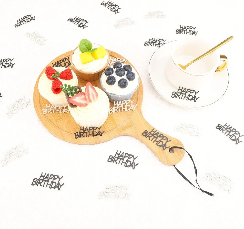 Parpix "happy Birthday" konfeti, dideli, 5 x 2,3 cm, 100 vnt., stalo dekoracija gimtadieniui, juodi sidabriniai, "happy Birthday" stalo dekoracija, blizgantys konfeti gimtadienio dekoracija, serpentinai gimtadieniui