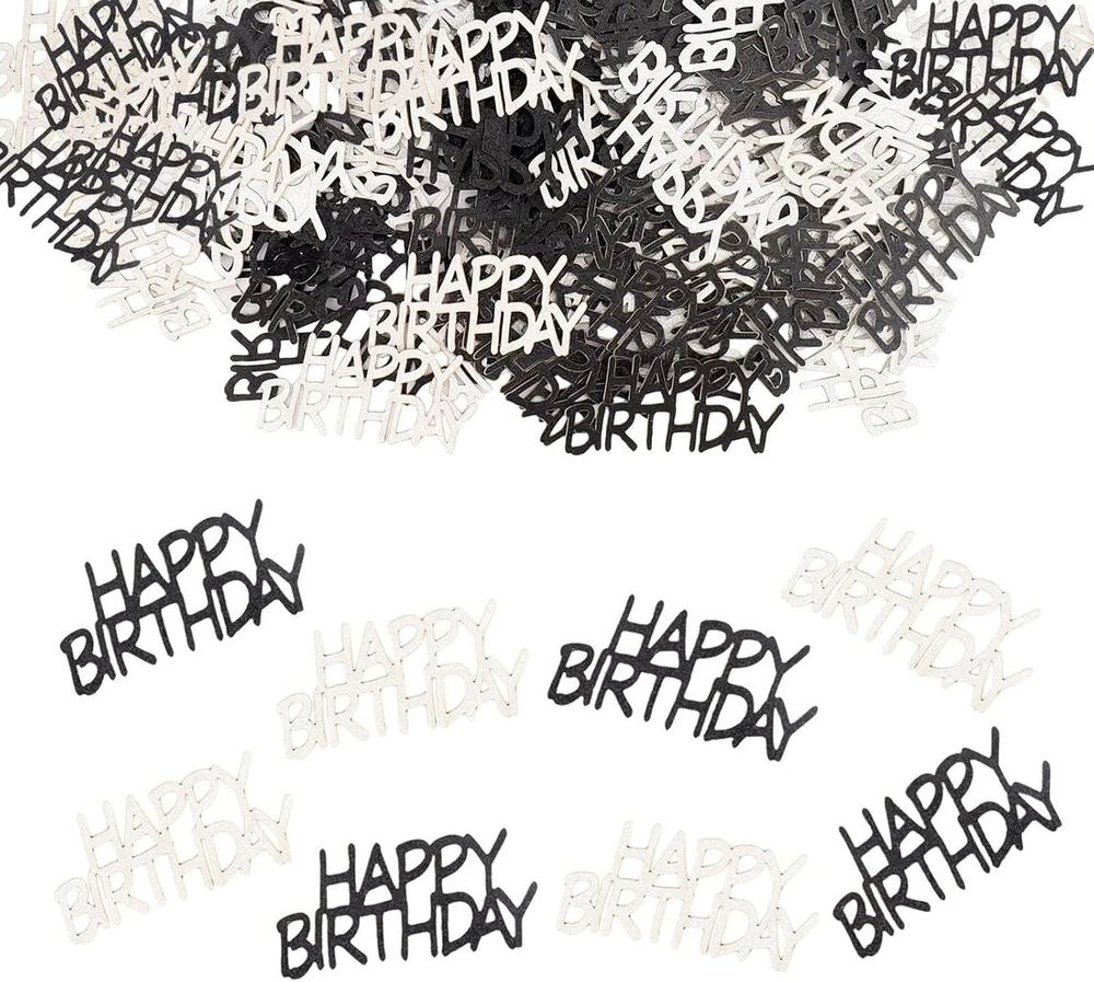 Parpix "happy Birthday" konfeti, dideli, 5 x 2,3 cm, 100 vnt., stalo dekoracija gimtadieniui, juodi sidabriniai, "happy Birthday" stalo dekoracija, blizgantys konfeti gimtadienio dekoracija, serpentinai gimtadieniui