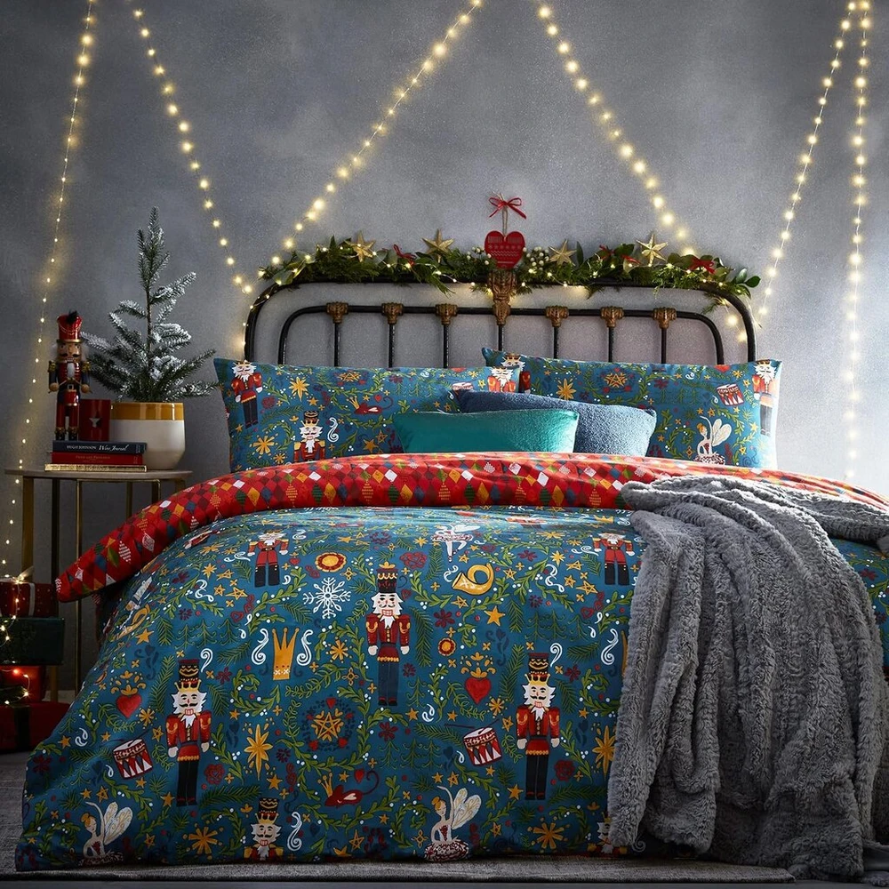 Patalynės komplektas Furn. Nutcracker patalynės užvalkalų komplektas, poliesterio ir medvilnės mišinys, tamsiai mėlynas, dvigulis