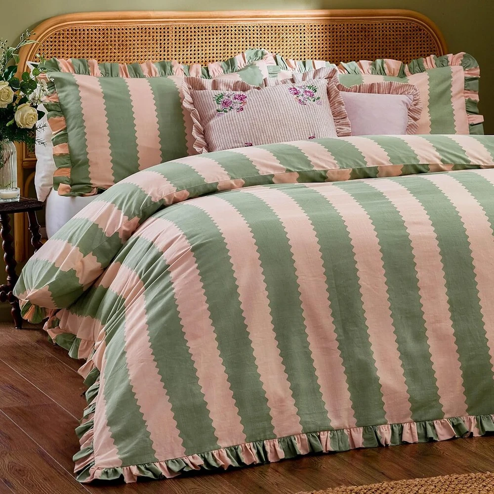 Patalynės komplektas Wylder Nature Birdie Stripe Ruffle patalynės užvalkalų komplektas - rožinis/žalias - vienvietis
