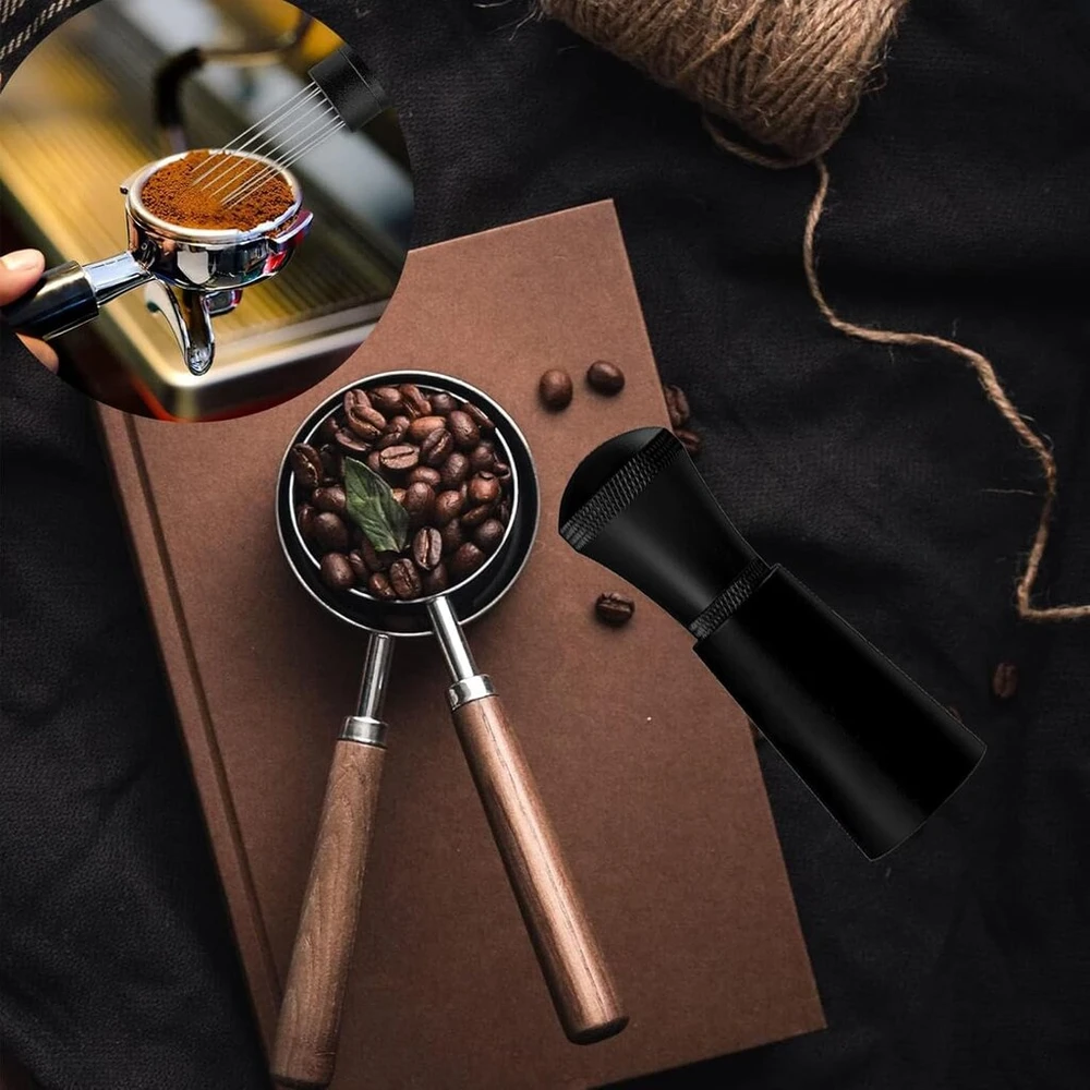 Patobulintas Wdt įrankis juodo aliuminio lydinio kavos maišytuvas-skirstytuvas su stovu 0,3 mm storio nerūdijančio plieno 7 adatų Wdt įrankis espresso kavai, skirtas baristai